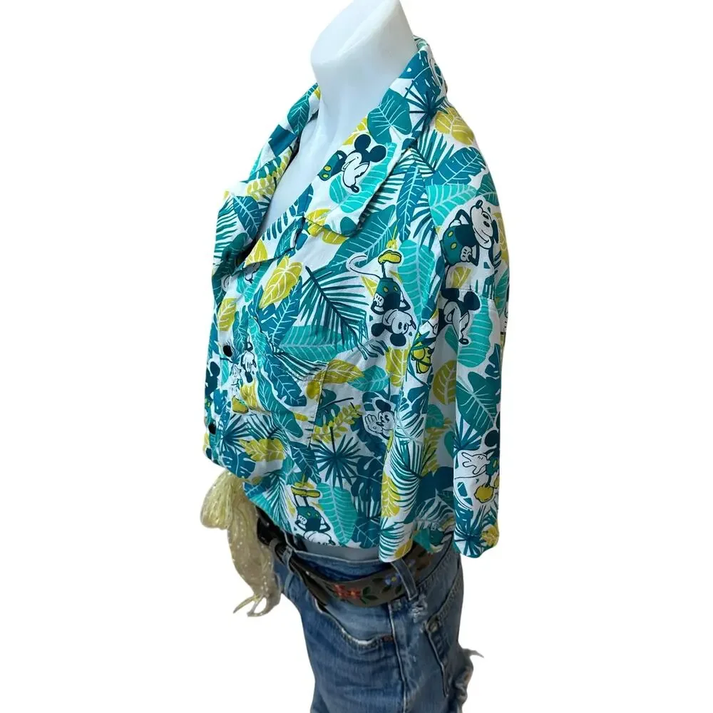 Hawaiian Mickey Mouse Tropical Shirt Button Down Crop Top One Size Oversized - Picture 3 of 6